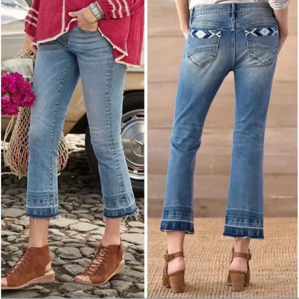 Driftwood Colette Light Wash Raw Hem Southwestern Embroidered Cropped Jeans - 27